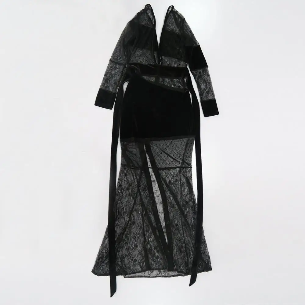 Mermaid dress velvet embroidery floor long sleeve formal backless Sexy Party Transparent Dress Women Luxury Dress