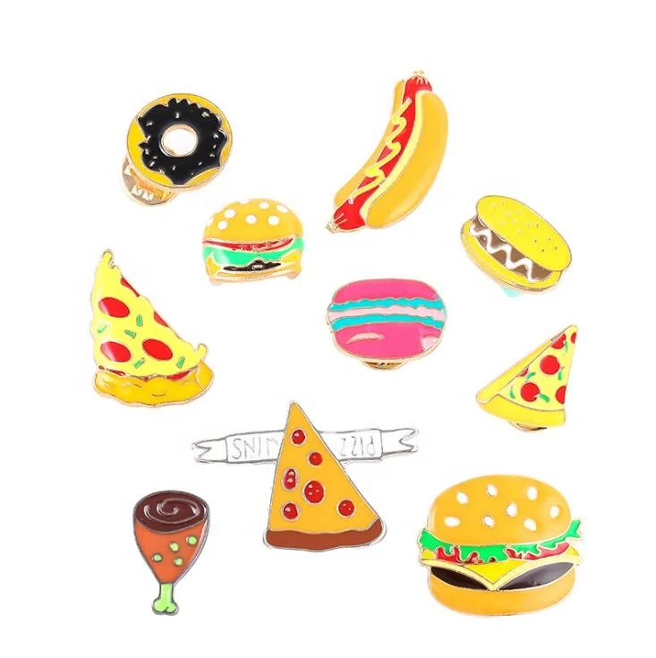 
bulk china manufacturer custom logo enamel metal cheap funny pizza hamburg hot dog lapel pin 