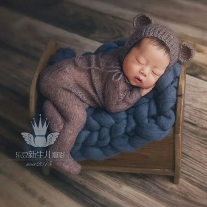 Wool clothes Cap Knitted Baby Teddy Bear Hat and footed Romper Crochet Baby Outfit Photography Props