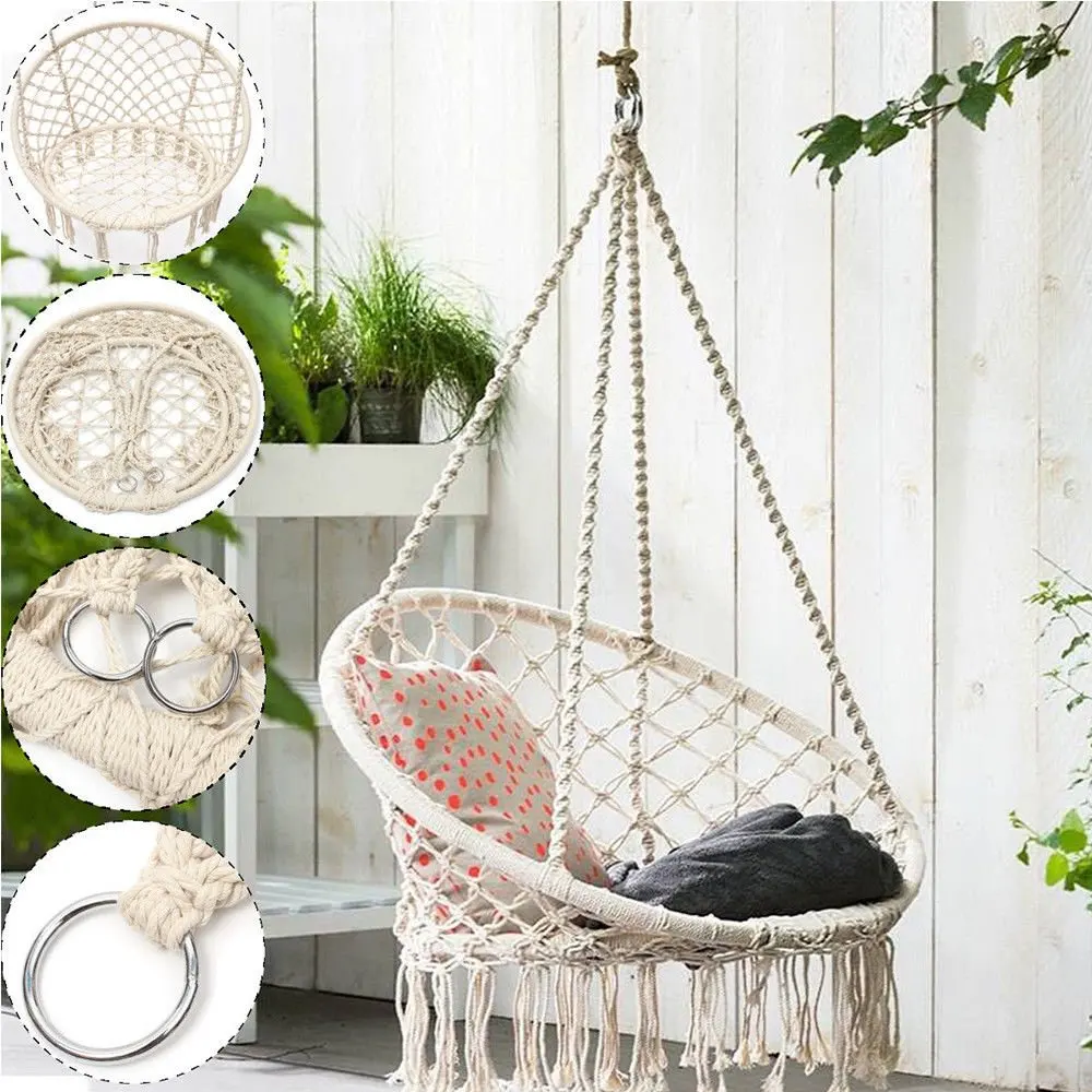 White macrame hammock outdoor swing chair with fringe