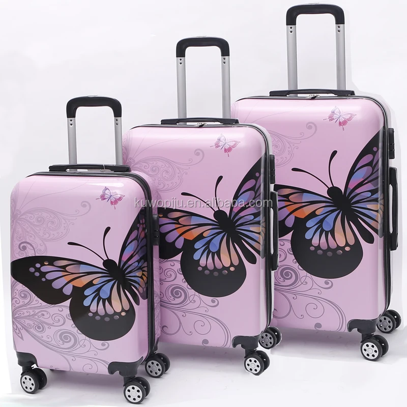 girls print 3pc Hardside 4 Wheels butterfly printed on suitcase spinner ABS PC print luggage sets