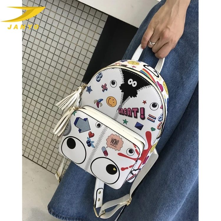 custom logo backpack bag white printed pu leather graphic print stylish backpack for ladies