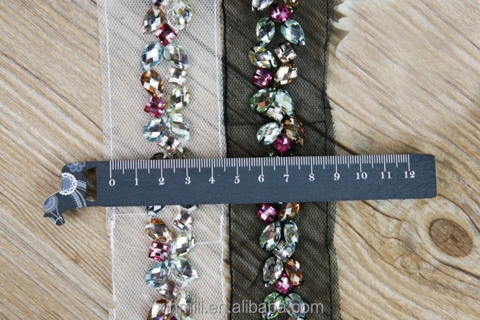handmade sew on colorful rhinestone lace trimming for clothing collar decoration