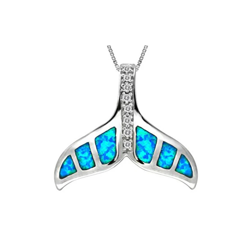Hot Sale 925 Sterling Silver Simulated Blue Opal Whale Tail CZ Accented Pendant Necklace