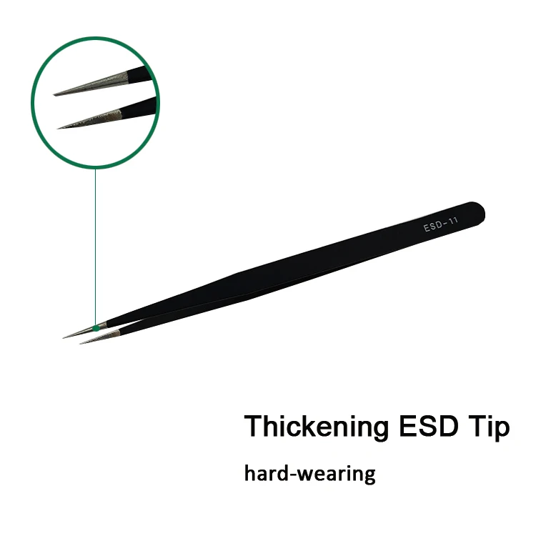 ESD-11 Black ESD Antistatic Stainless Steel Eyelash Extension Tweezers For Industrial Use