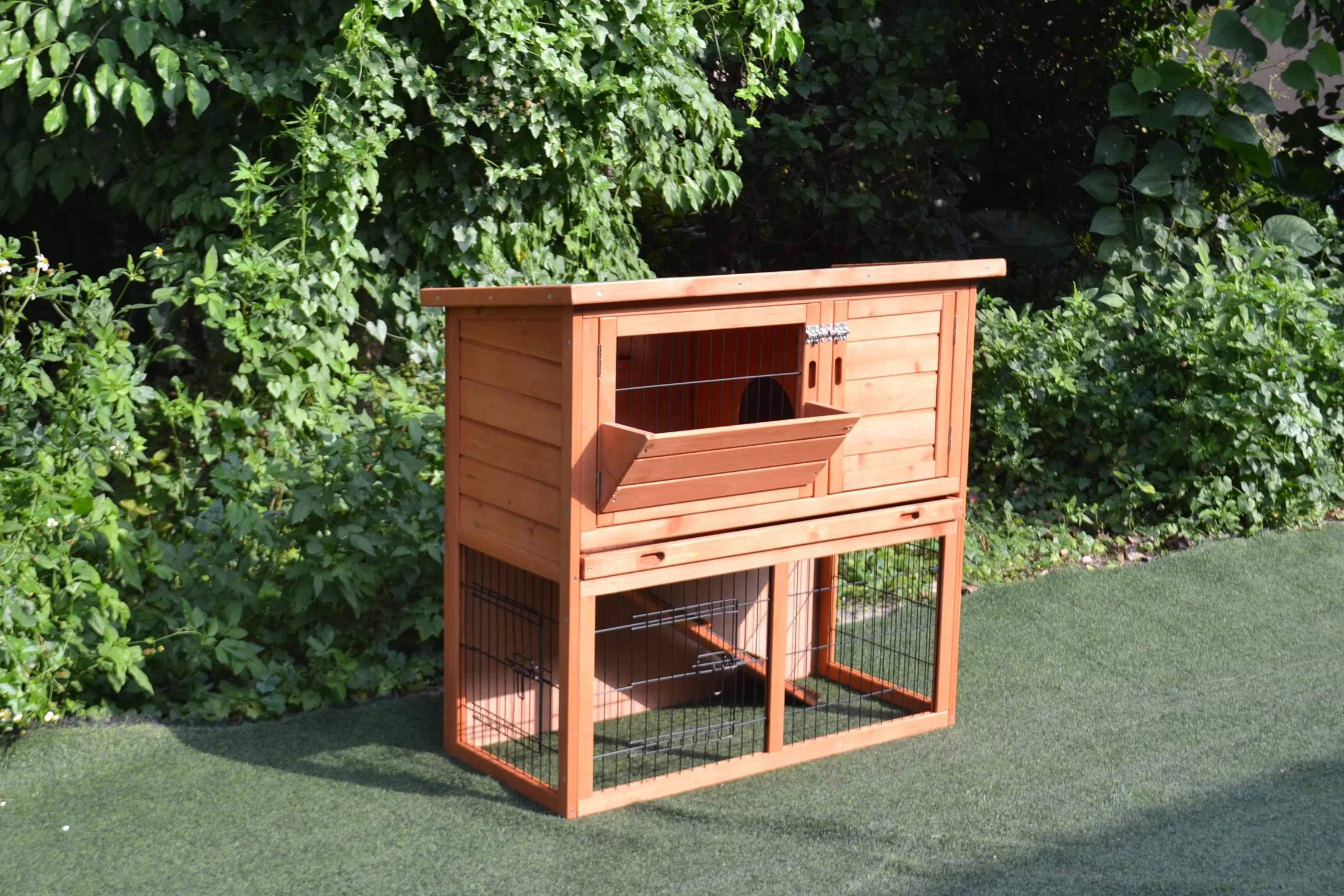 Two story wooden rabbit hutch
