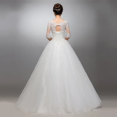 ZH0199X Hot Selling Medium Long Sleeves Round Collar Wedding Dresses Lacebandage Skirt Bridal Gown Plus Size