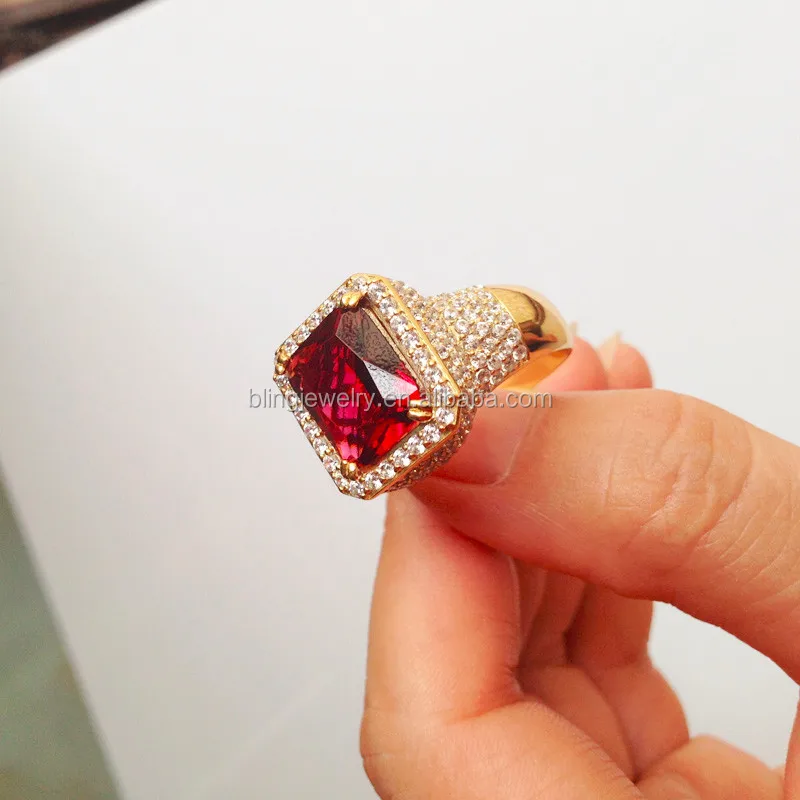 
Hip hop jewelry 18k gold iced out ruby ring designs for men 