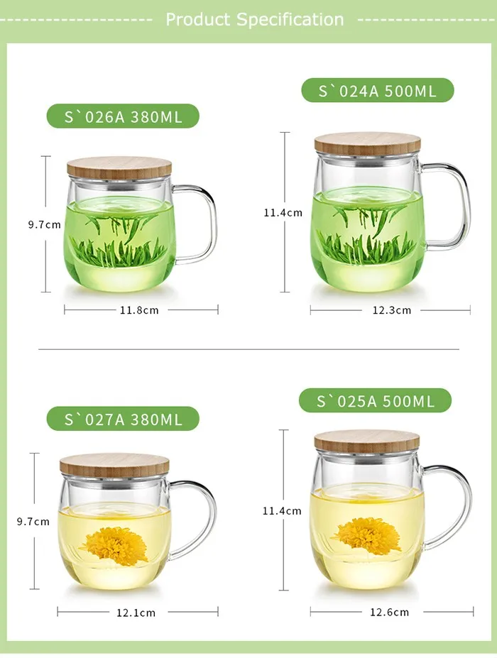 Samadoyo Clear Glass Natural Bamboo Lid Tea Cup Heat-Resisting Tea Mug Glass Infuser Tea Cups with Filter