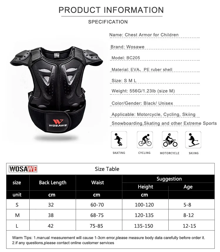WOSAWE Children Vest Armor Kids Motocross Skateboarding Jacket Chest Spine Protection Gear Shoulder Elbow Knee Guard Safety Kits
