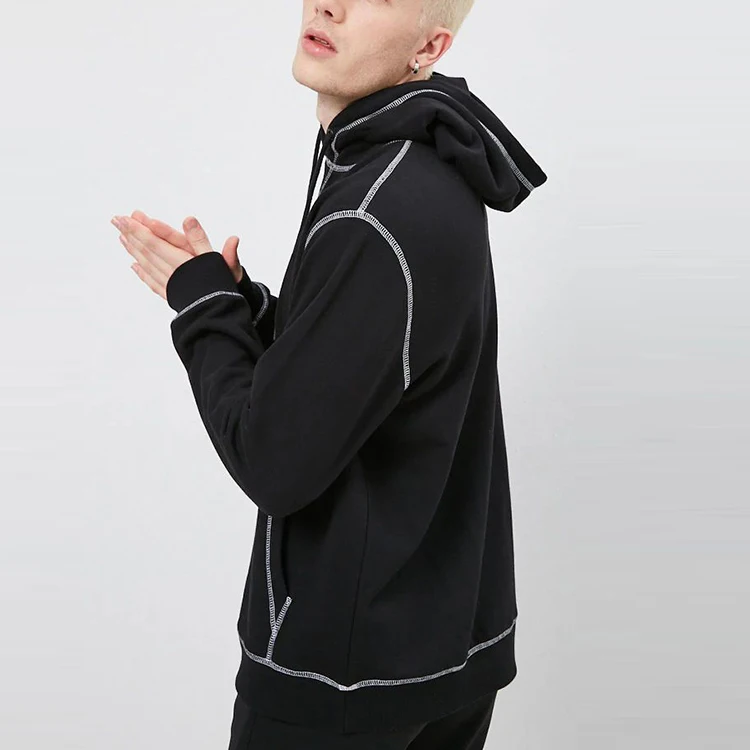 mens pullover hoodie french terry drawstring hood long sleeves ribbed trim topstitching plain hoodies