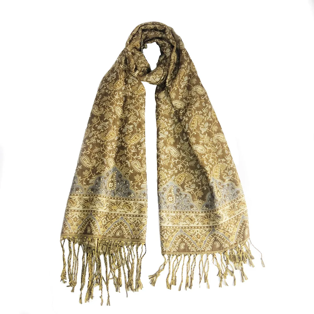 Wholesale pashmina ladies scarf polyester hijab paisley pattern jacquard with tassel