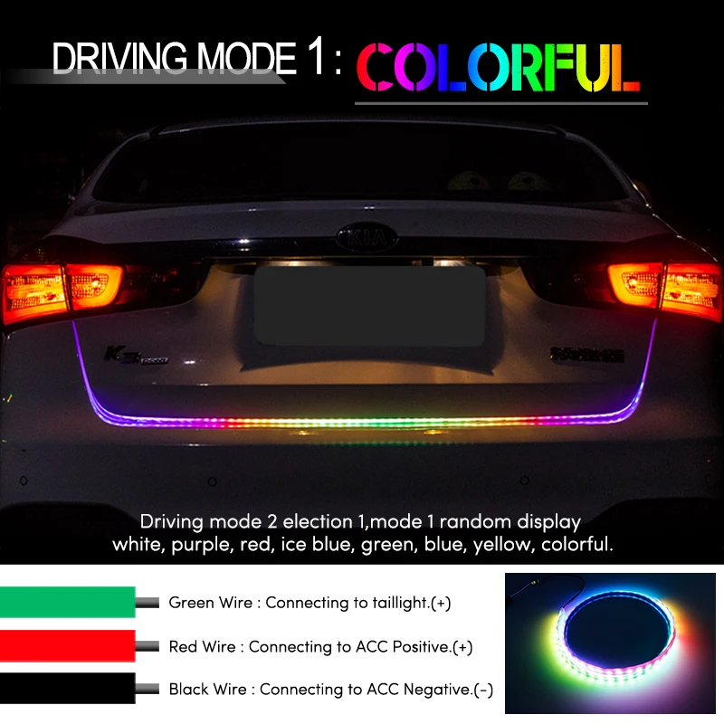KEEN Colorful 12V 120cm Car LED trunk light 5050 RGB strip moving Flash Warning Turn Signal Lamp