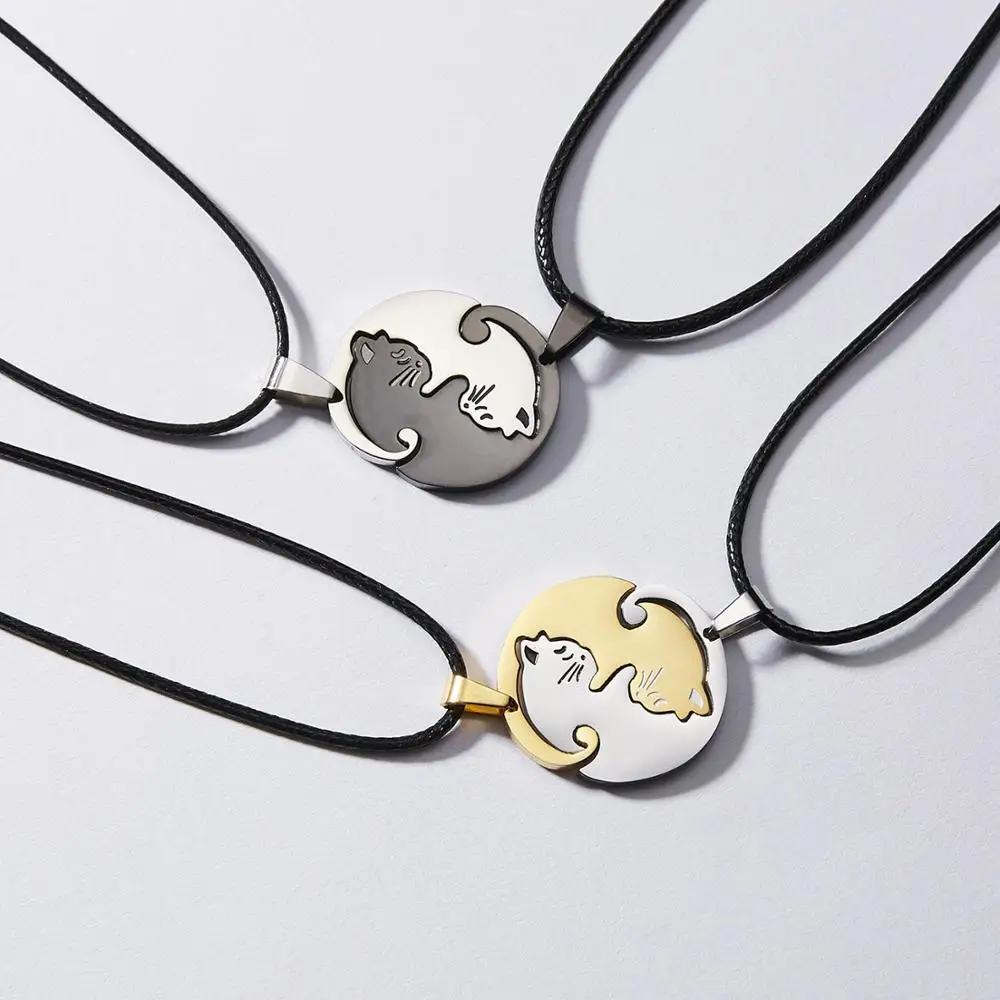 New arrival cat shape fashion design silver and black stainless steel couple cat necklace for men women jewelry wholesale