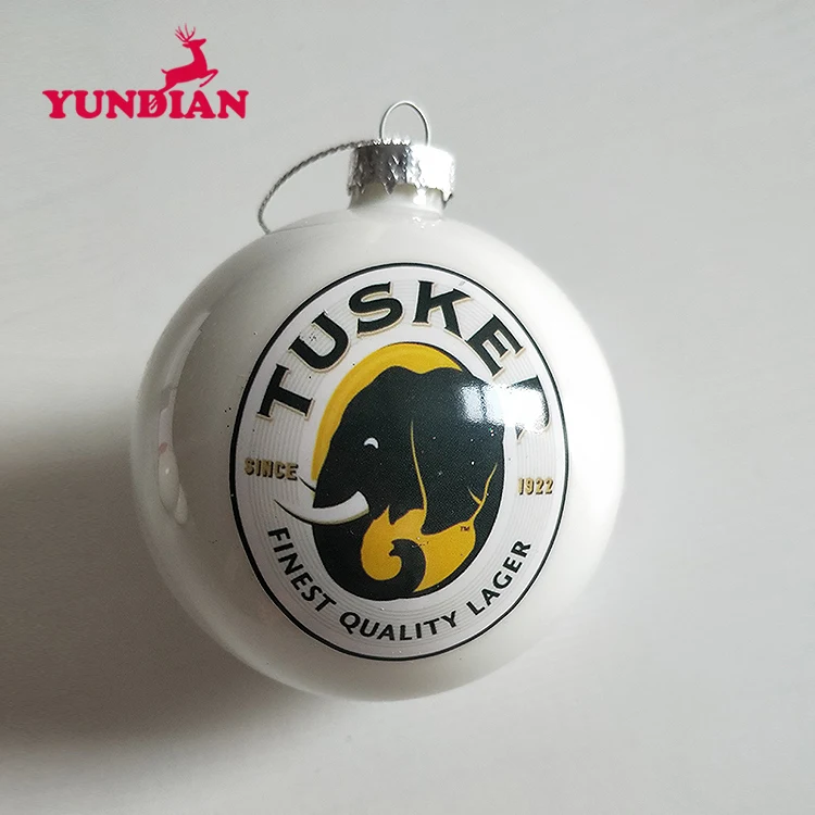 Оптовая продажа, декоративная подвесная Рождественская елка на заказ, 8 см, белые стеклянные украшения, шар с напечатанным логотипом для праздничного подарка