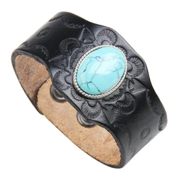 Vintage Turquoise Stone Engraved Wide Genuine Leather Cuff Bracelet Men