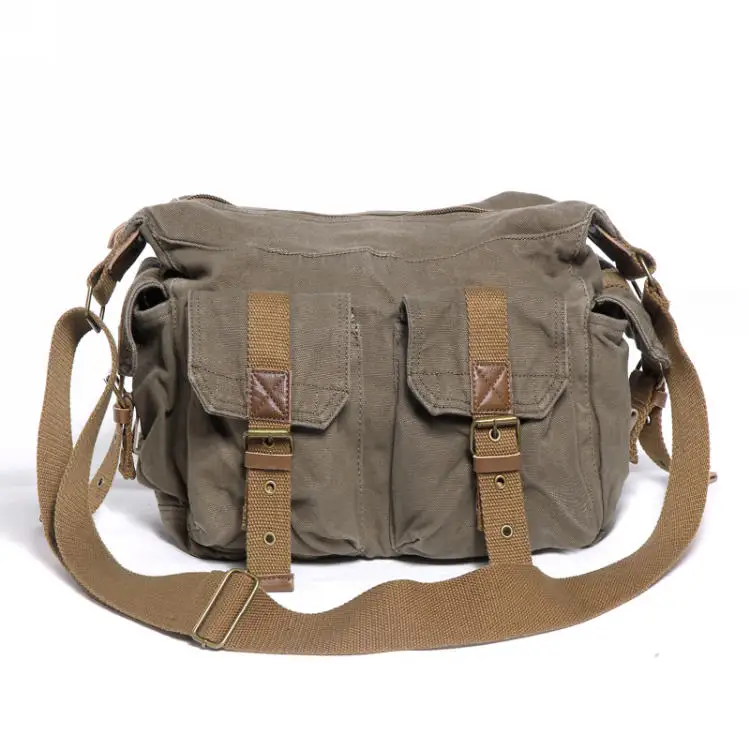 100% Cotton Canvas Side Bag with Leather Trim T2353 Drop Shipping Men Vintage Genuine Leather Sling Shoulder Bag Vintage Satchel