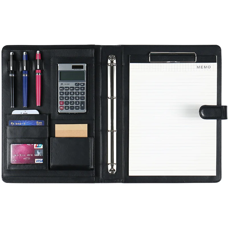 A4 leather clipboard folder black multifunctional business conference file folder with pen calculator
