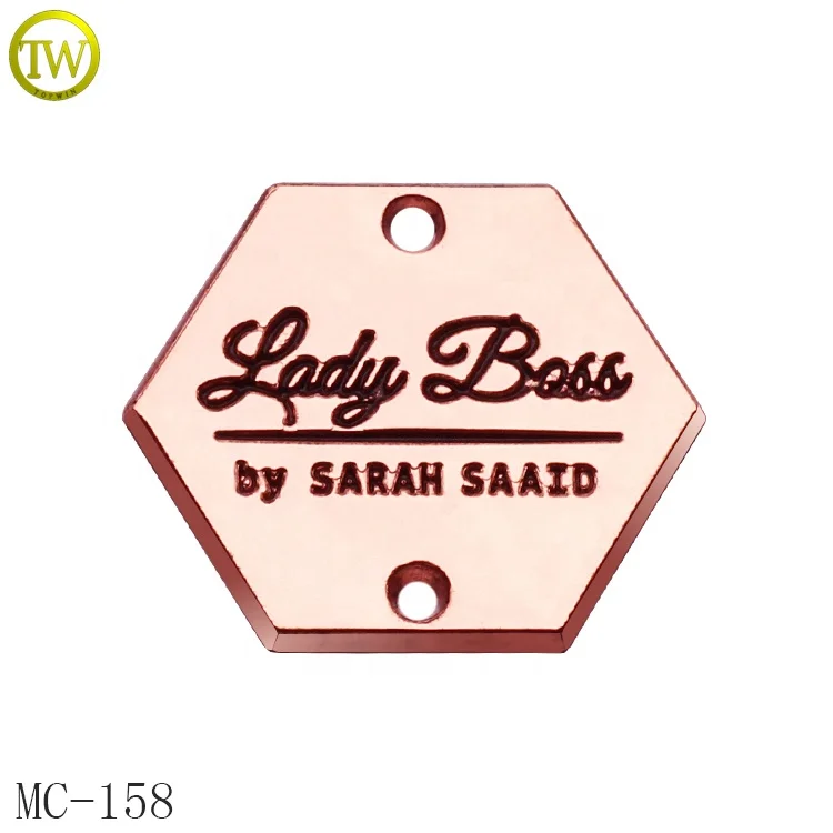 Custom Engraved Brand Logo Badge Sewing 2 Holes Metal Garment Label Tags For Women Clothes