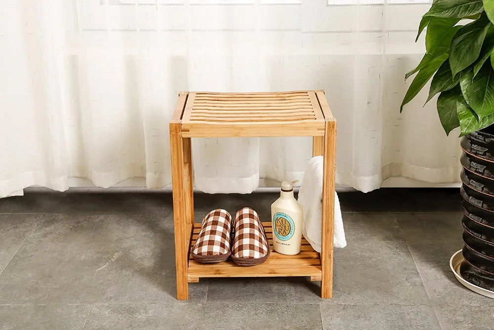 Shower Seat Bench Stool with Storage Shelf Indoor &Outdoor Bench with 100% Bamboo Bathtub
