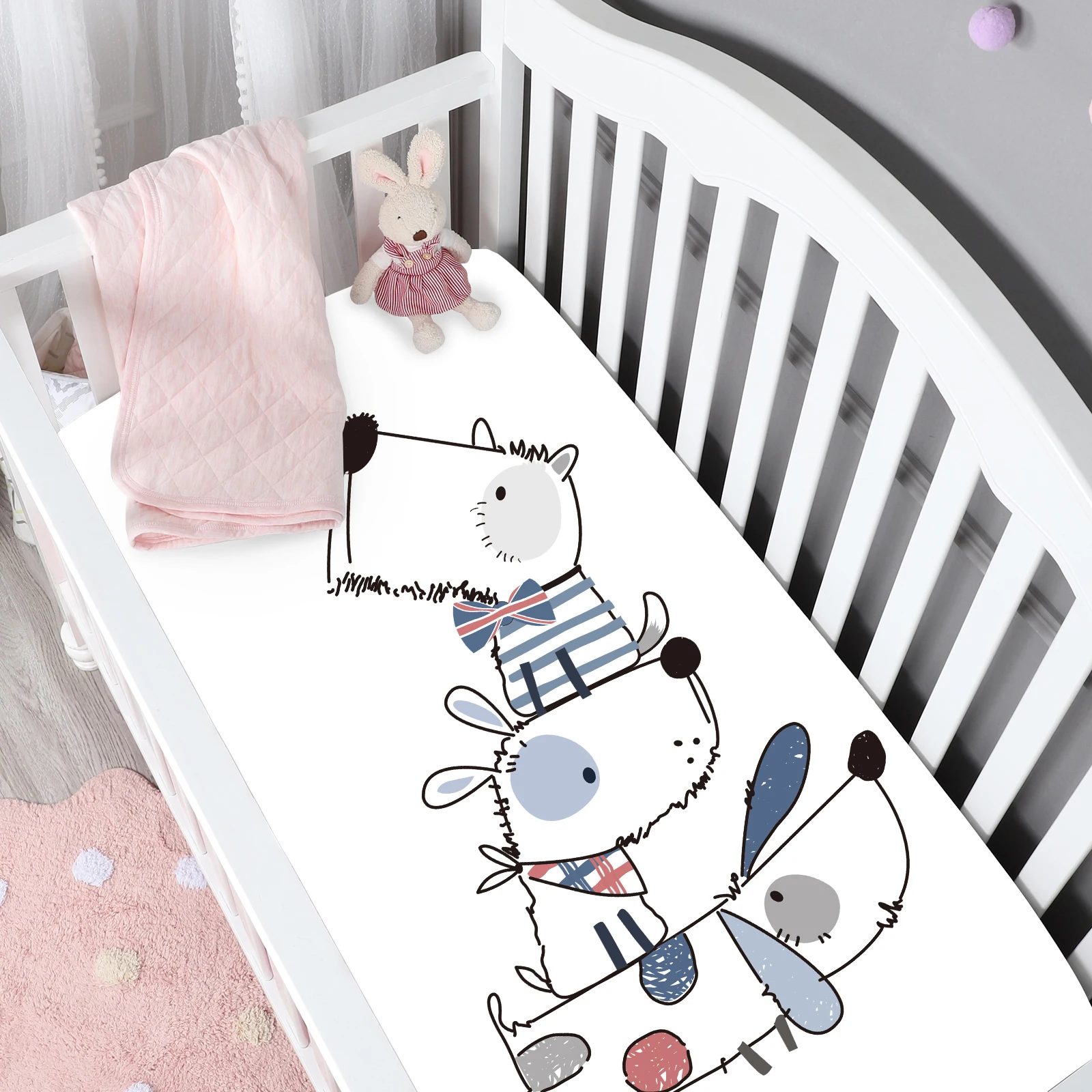 Cartoon Dogs Printing 100% Organic Cotton Jersey Knit Fitted Crib Sheet Set Baby Fitted Sheet