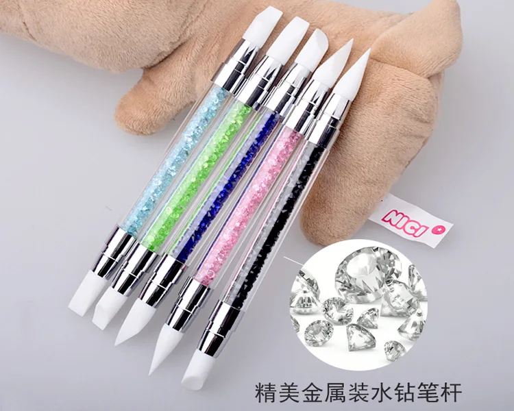 2 Way Rhinestone Crystal Nail Art Brush Pen Silicone Head Carving Emboss Shaping Hollow Sculpture Acrylic Manicure Dotting Tools