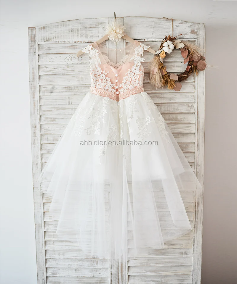 Ivory Lace Tulle Hi Low Wedding Flower Girl Dress Princess Birthday Party Dress Kids Toddler Dress