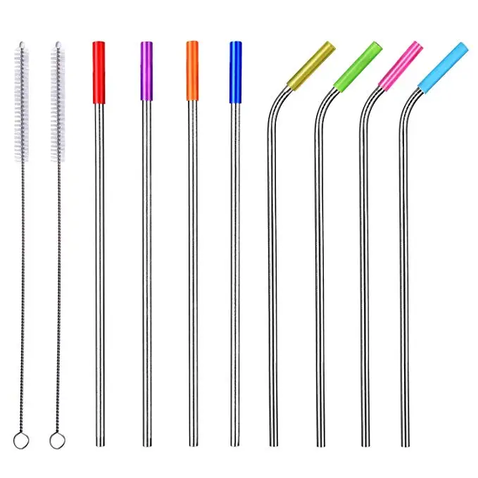 New Reusable Stainless Steel Straws Metal Drinking Straws with Brushes and Silicone Tips
