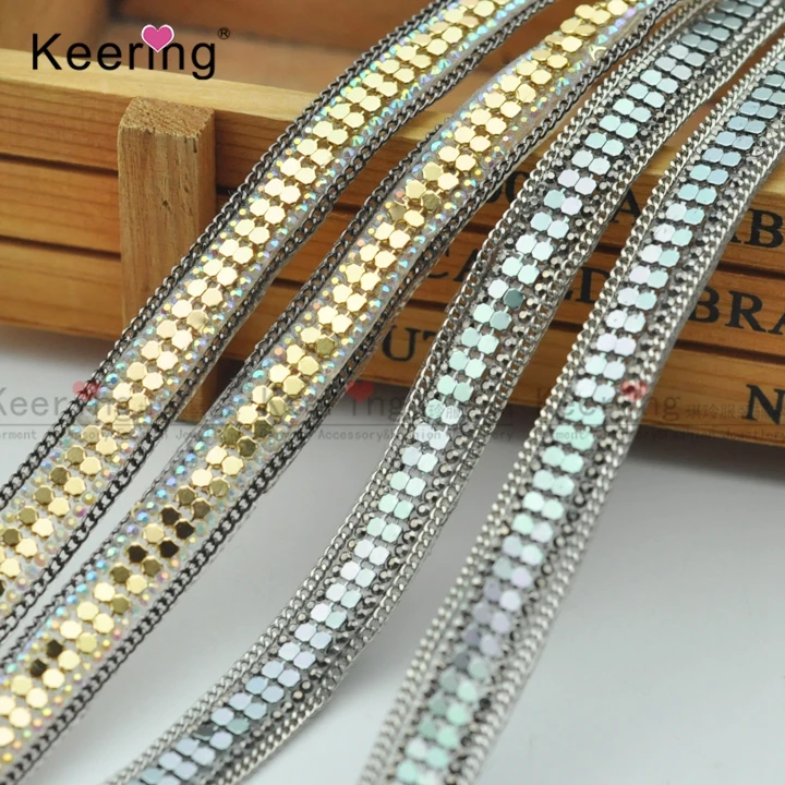 Iron on  Ball Chain Sides Custom  Decorative Hotfix Metal Piece Chain Tape Rhinestone Applique Trim