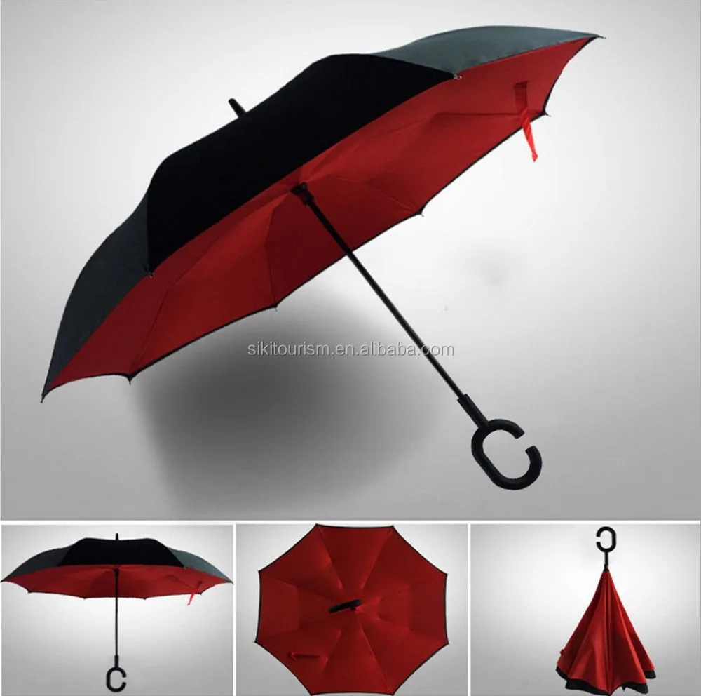 
2017 new Style Double layer customized print reverse inverted umbrella with C shape Handle 