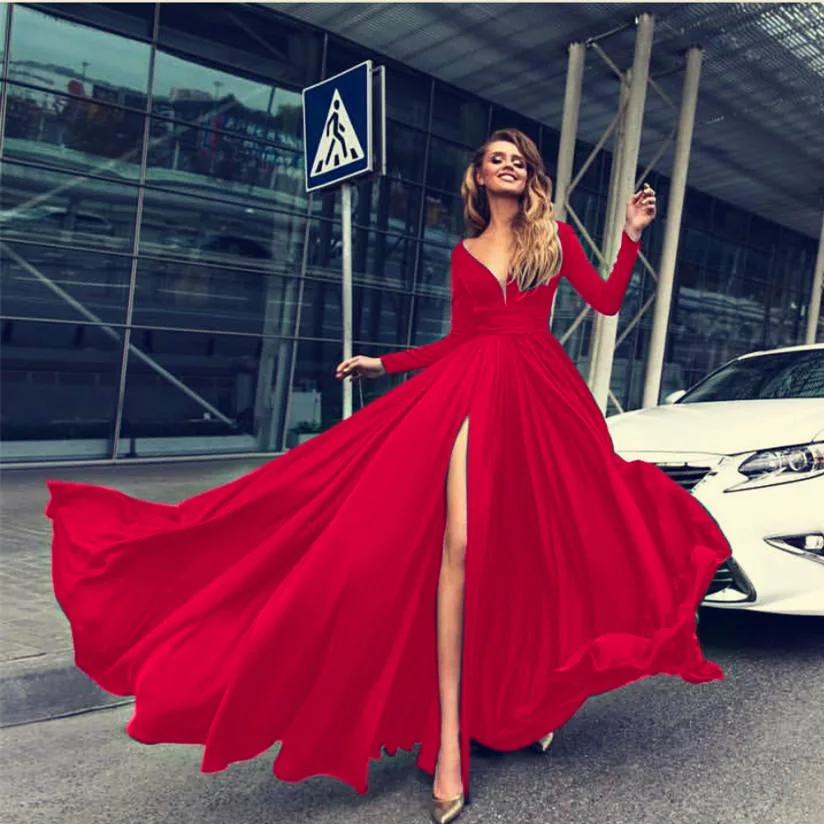 
2019 Euramerican foreign trade hot sale new style dresses hot style sexy deep V-neck long sleeve prom dresses ball-gown skirt 