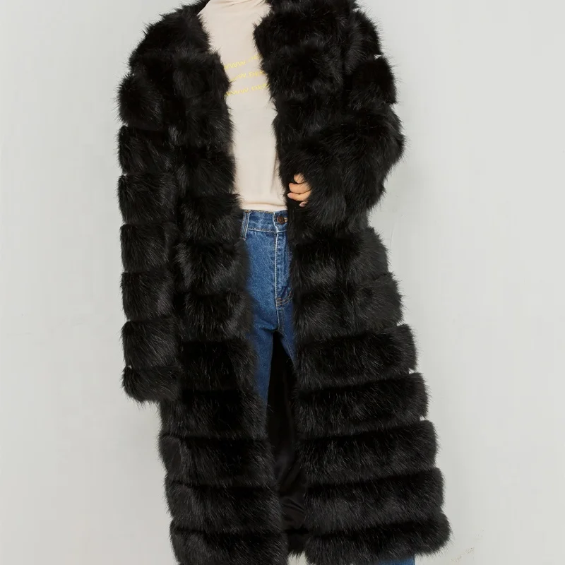 
Warm Winter Hot Sale Long Black Faux Fox Fur Coat 