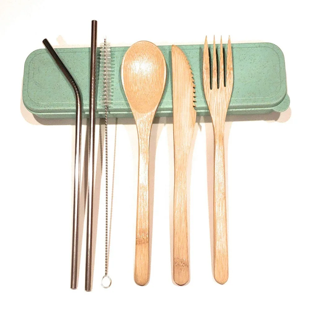 Reusable Stainless Steel Straw Natural Bamboo Cutlery Set with Travel Case