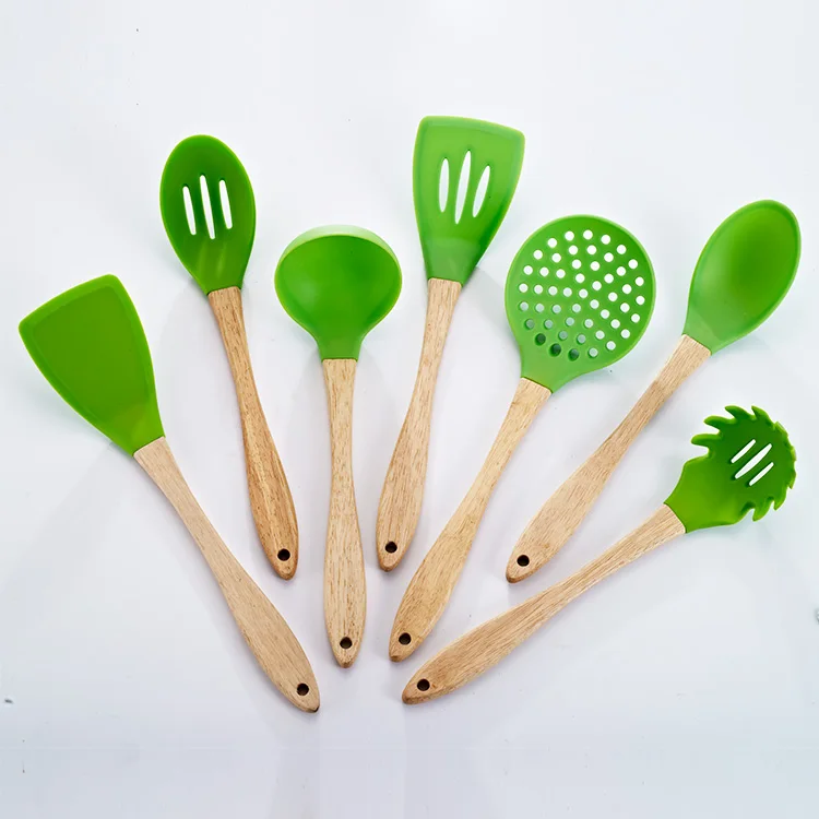 7 Pieces Heat Resistant Wooden Handle Household Silicone Kitchen Tools Cooking Utensils Set