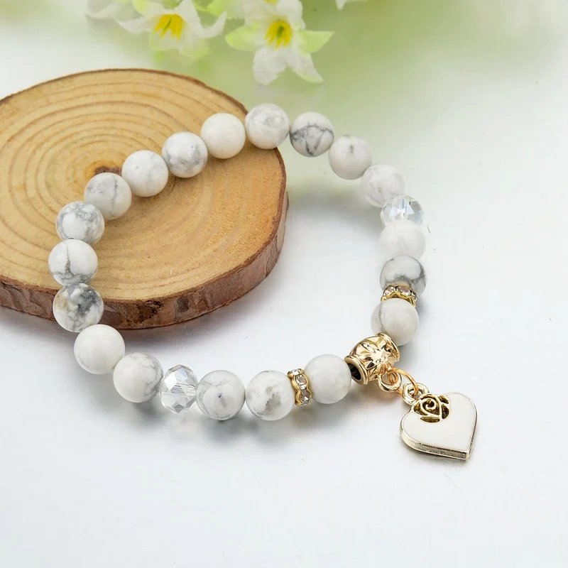 Natural White Howlite Marble Stone Beaded Women Bracelets, Beads Bracelet, Stone Bracelet