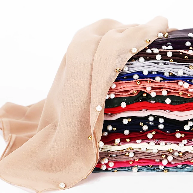 Новый Дизайн мусульманский однотонный шифоновый жемчужный Хиджаб Женский головной шарф