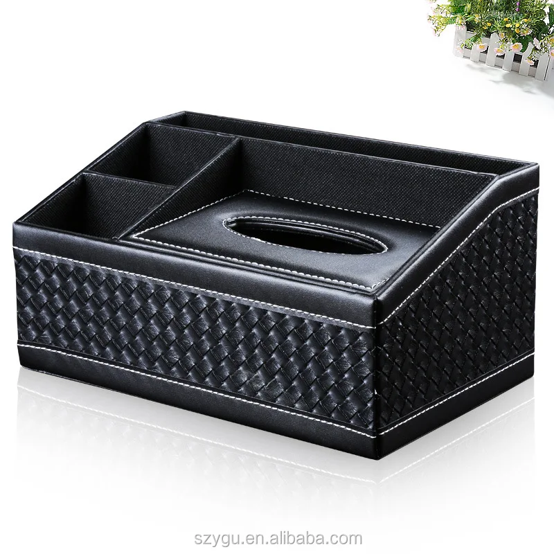 China Factory Pu Leather Tissue Box With Multifunction Remote Pen Holder