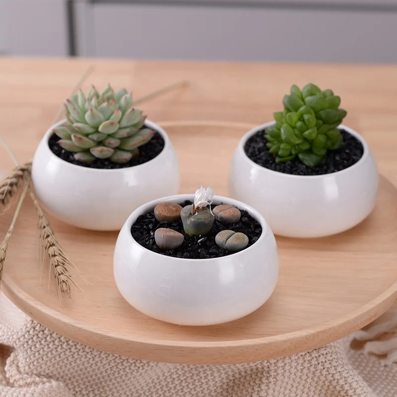 White oblate ceramic three-layer bamboo frame fleshy succulent plant flower pot