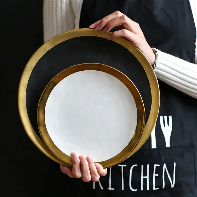 Wedding dinnerware personalized white glaze gold rim porcelain dinner plate for wedding