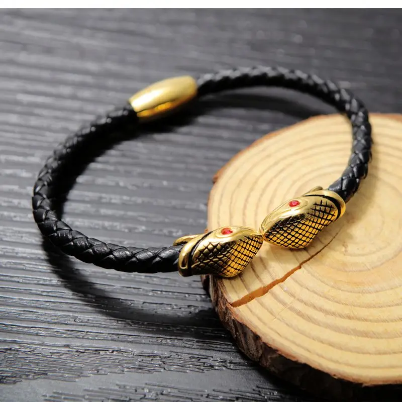 Custom Wholesale Mens Jewelry Braided Leather Stainless Steel Black Double Snake Bangle