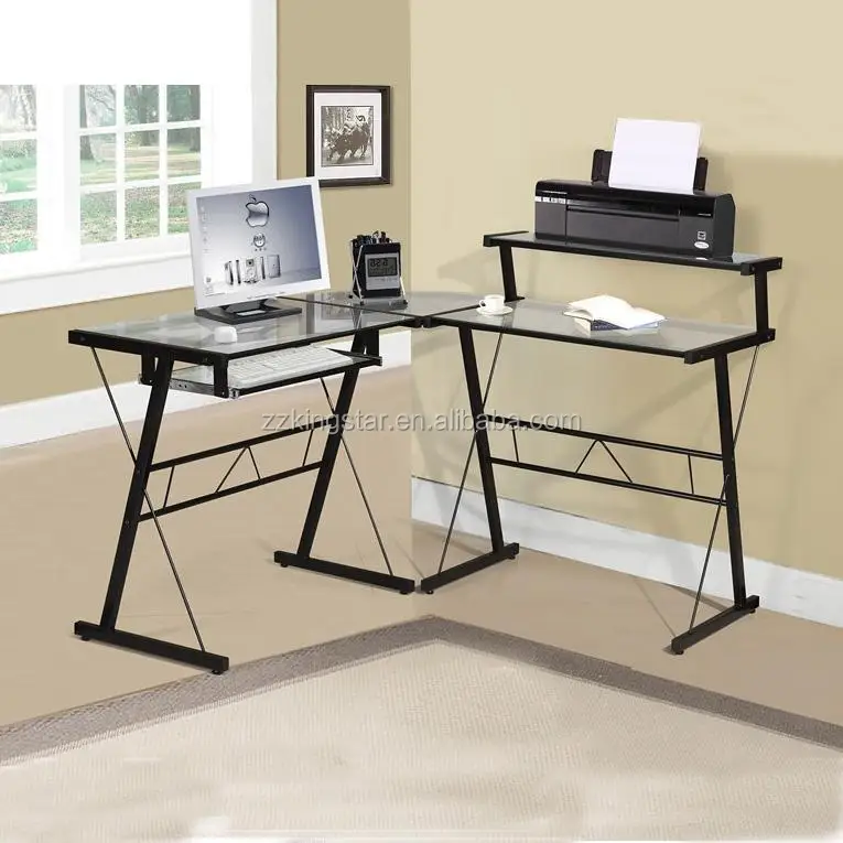 
Home office study workstation long glass corner computer desk 