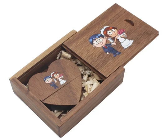 Heart Shape Printing Wedding Pattern Wooden Custom Usb Stick with Wooden Box Pendrive