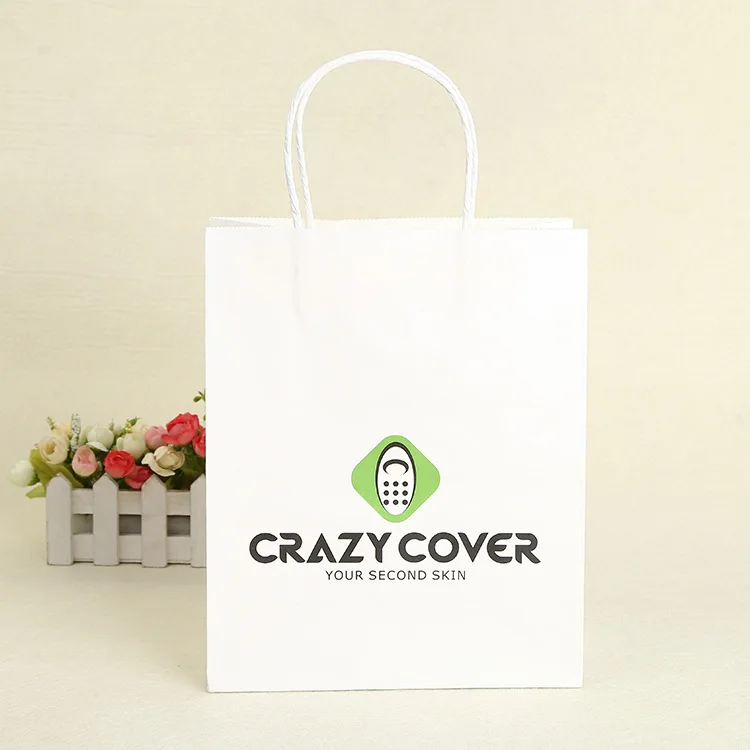 simple logo print Square Bottom Retail White kraft Paper gift Bag