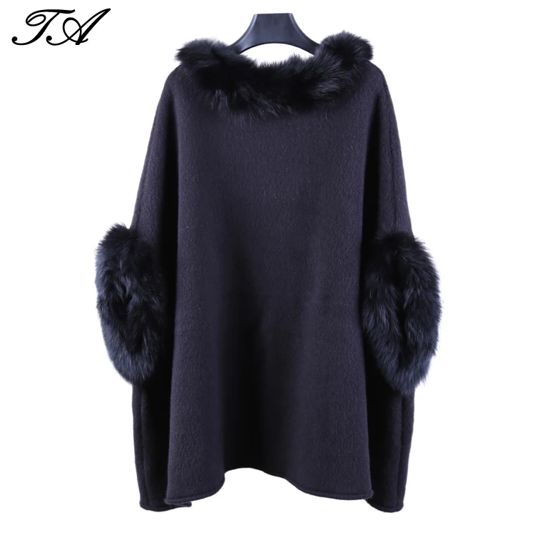 Wholesale Winter Casual Style Plain Raccoon Fur Trim Acrylic Knit Pattern Long Poncho For Women