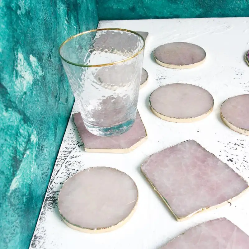Coffee and Tea Coaster Crystal Pink Agate Coaster Gold Rim
