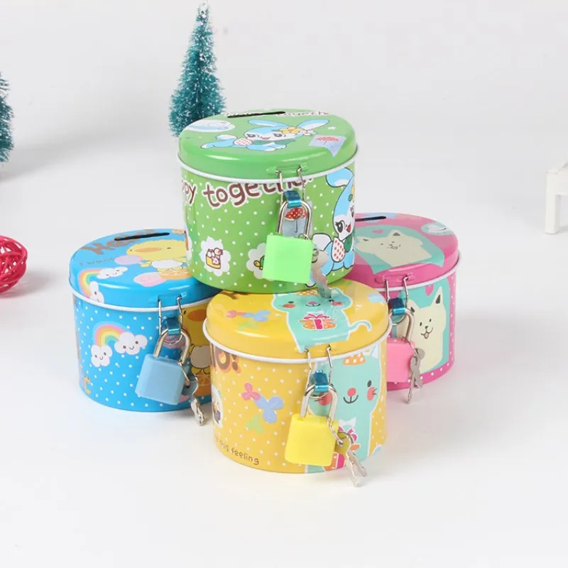 Promotion kids gifts cartoon tin can coin bank with lock
