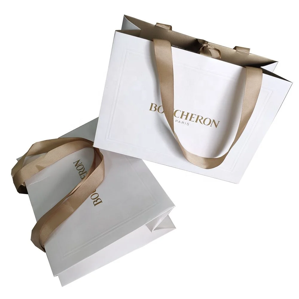 Custom Printed Paper Bags Cardboard Luxury White Kraft Paper Gift Bag With Ribbon Handle For Shopping Bag With Your Own Logo