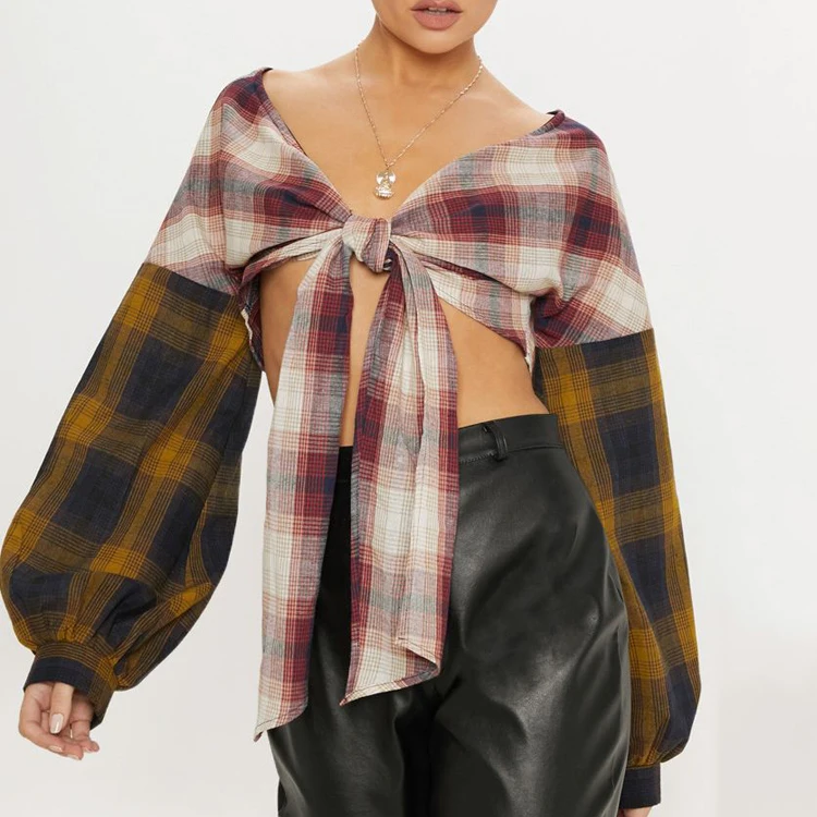 Manufactory custom new design contrast check long sleeve women crop shirt