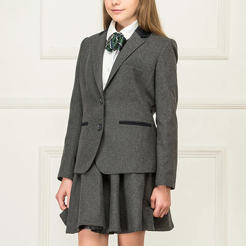 OEM Junior School Girls England Style Grey Colors Coat Jacket Blazer and Skirt Design With Picture