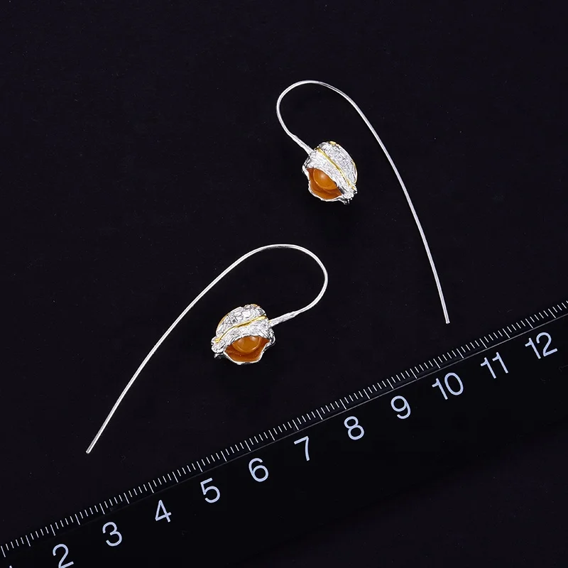 Custom Natural Stone Creative Design Physalis Fruits Cape gooseberry Dangle drop  Earrings 925 sterling silver with 18k jewelry